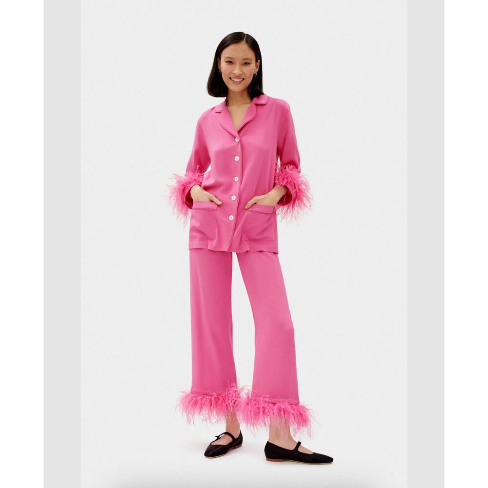 Sleeper Party Pajamas hot pink removable ostrich feather pajama top bottom set M